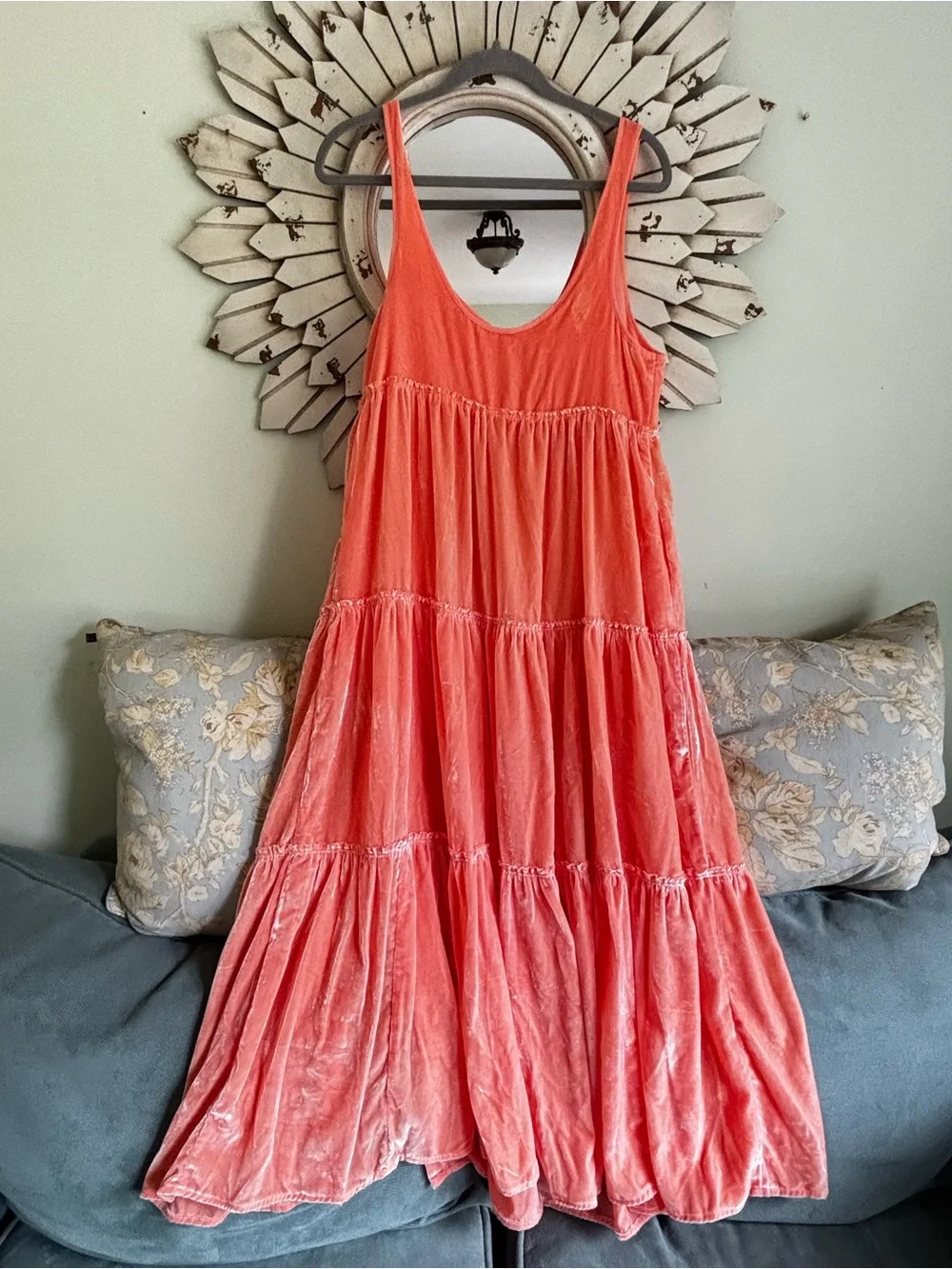 NWT Free People Velvet Tiered Maxi Dress Coral Peach Sleeveless Boho Sz Small